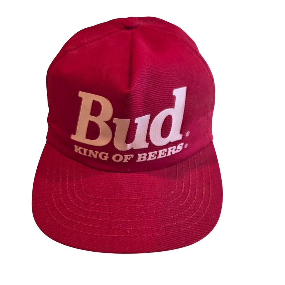 Vintage 80s Bud King of Beers Snapback Hat Red Twill Official Product USA Made